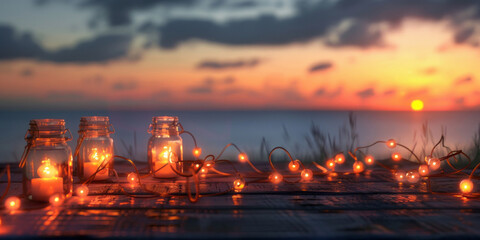 At dusk, a wooden table with mason jars and string lights overlooks the ocean.