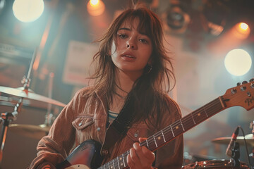 A young woman plays an electric guitar in front of a drum set, illuminated by soft light from above.
