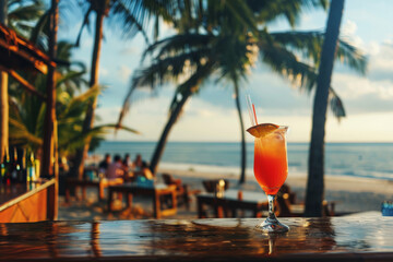 A glass of red drink with a straw in it sits on a bar counter. The drink is garnished with a slice of orange. The scene takes place on a beach, with a view of the ocean in the background