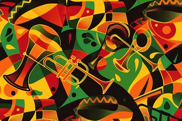 Mariachi Music: Vibrant, festive patterns and warm, cultural colors representing the celebratory and traditional Mexican tunes, with abstract trumpets and sombreros