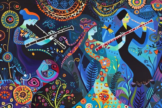 Klezmer Music: Festive, intricate patterns and rich, cultural colors illustrating the lively and traditional Jewish melodies, with abstract clarinets and dancing figures