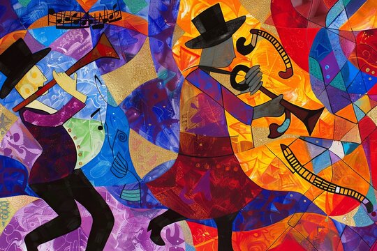 Klezmer Music: Festive, intricate patterns and rich, cultural colors illustrating the lively and traditional Jewish melodies, with abstract clarinets and dancing figures
