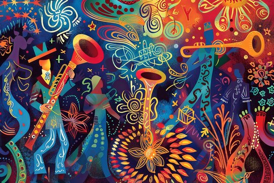 Klezmer Music: Festive, intricate patterns and rich, cultural colors illustrating the lively and traditional Jewish melodies, with abstract clarinets and dancing figures