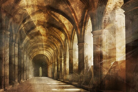 Gregorian Chant Music: Ethereal, serene shapes and muted, spiritual colors representing the ancient and harmonious melodies, with abstract cathedral arches and sacred symbols