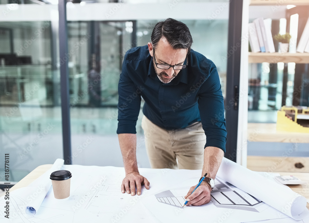 Poster architecture, blueprint and man in office, thinking and building planner and construction with desig