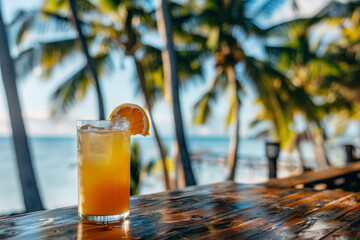 A glass of orange juice with a slice of orange in it sits on a wooden table by the ocean