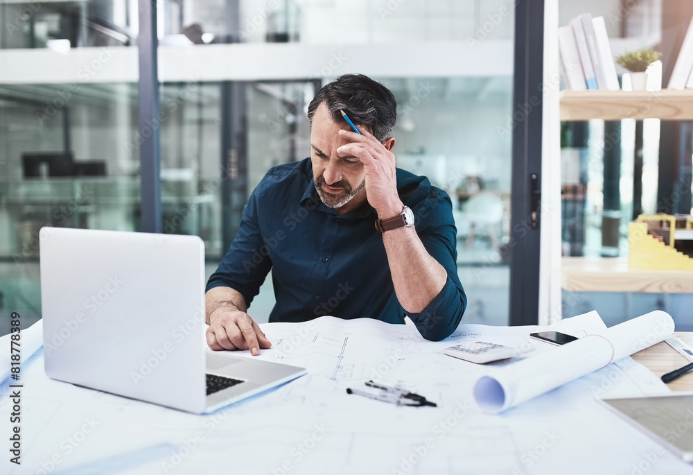 Poster tired, mature man and architect with headache, laptop and blueprints for stress planning building an