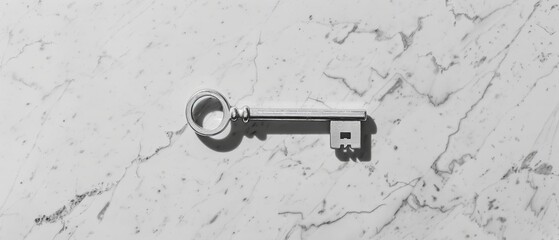 Minimalist image featuring a solitary silver key on white marble with a gentle shadow