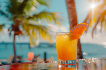 A glass of orange juice with a slice of orange on top is sitting on a table by the ocean