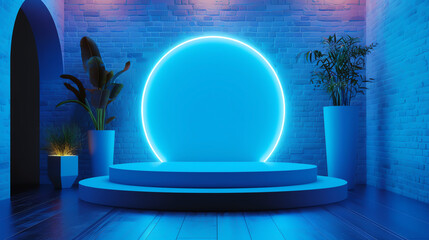 Modern interior with a futuristic glowing blue circle backdrop, plants in pots, and illuminated brick walls.