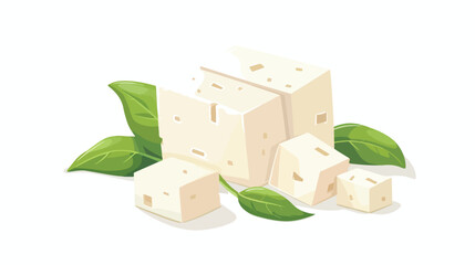 Tofu block and its cut cube pieces. Whole bar of feta