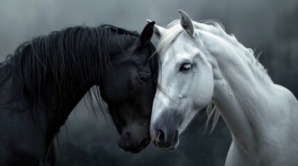 A black and a white horse in love