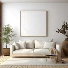 Minimalist living room interior design with a picture frame. Generative AI.