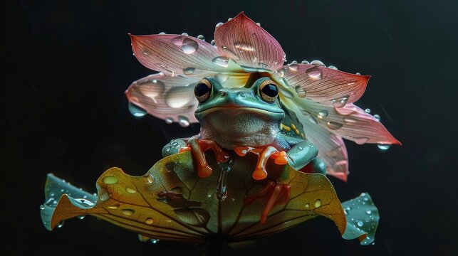 A frog is sitting on a leaf with water droplets on it