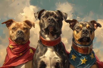 Three dogs wearing capes standing together