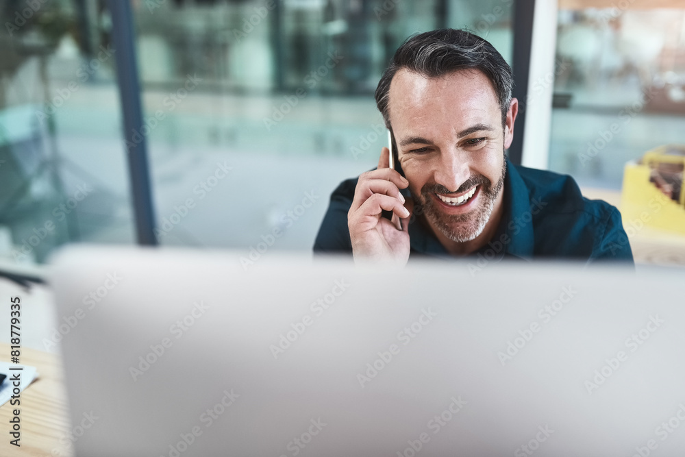 Aufkleber contact, phone call and business man in office for communication, conversation or negotiation deal. 
