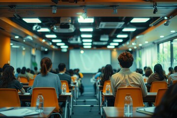 Fototapeta premium Back view of people attending a seminar in a modern conference room with orange chairs and bottled water on tables.