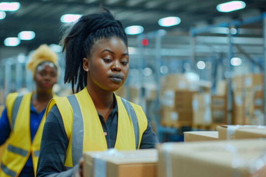 Two women wearing yellow vests are working in a warehouse. One of them is holding a box