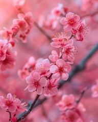 Obraz premium Close-up of delicate pink cherry blossoms on branches in full bloom during springtime, with a soft and dreamy background.