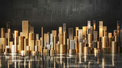 A city skyline made of brass bar charts in gold and silver, with each gold bar representing an upward movement in the stock market graph, is set against a dark color.