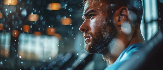 Close-up of a man intensely focused during a workout session at the gym, sweat pouring down in a motivational scene.