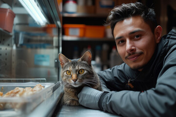 Man leaning on counter next to cat