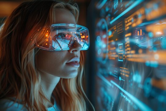 Woman wearing futuristic glasses observing holographic display