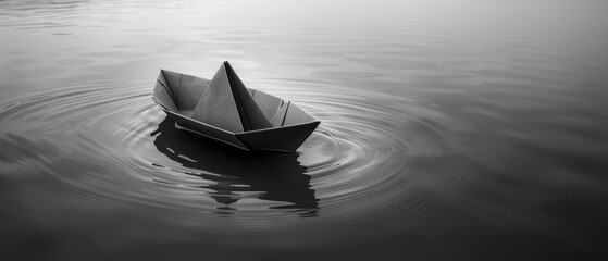 In the serene water, a monochrome image captures a peaceful paper boat sailing peacefully