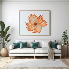 Minimalist living room interior design with a picture frame. Generative AI.