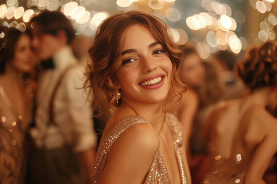 Elegant woman in gold dress smiling