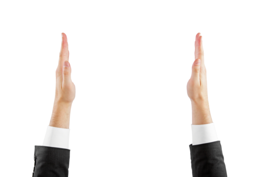 Two hands raised up with open palms against a white background, depicting a concept of refusal or stop