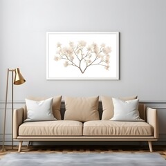 Minimalist living room interior design with a picture frame. Generative AI.