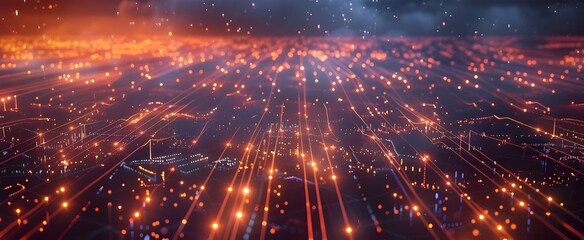 A futuristic digital landscape with glowing data streams representing the global internet network, dark sky background, glowing orange lights in the foreground, wide shot