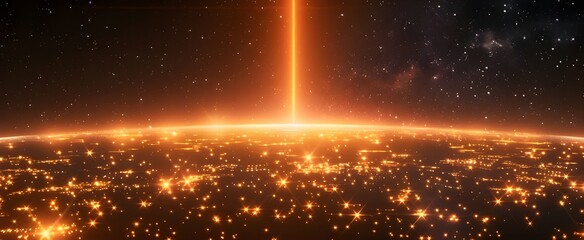 A futuristic digital landscape with glowing data streams representing the global internet network, dark sky background, glowing orange lights in the foreground, wide shot