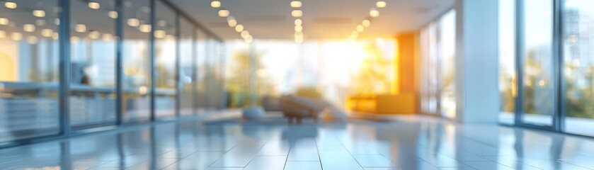 Blurred background of a light modern office interior with sleek furniture and large windows, creating a bright and airy workspace