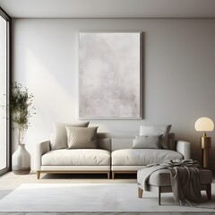 Minimalist living room interior design with a picture frame. Generative AI.