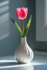A white ceramic vase holds a single pink tulip, bathed in morning light, creating a serene composition