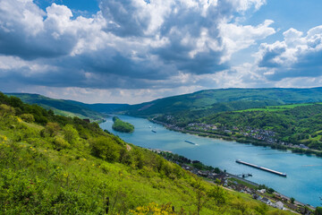 View from a hiking trail in the Rheingau Mountains near Lorch down into the Rhine Valley on a sunny...