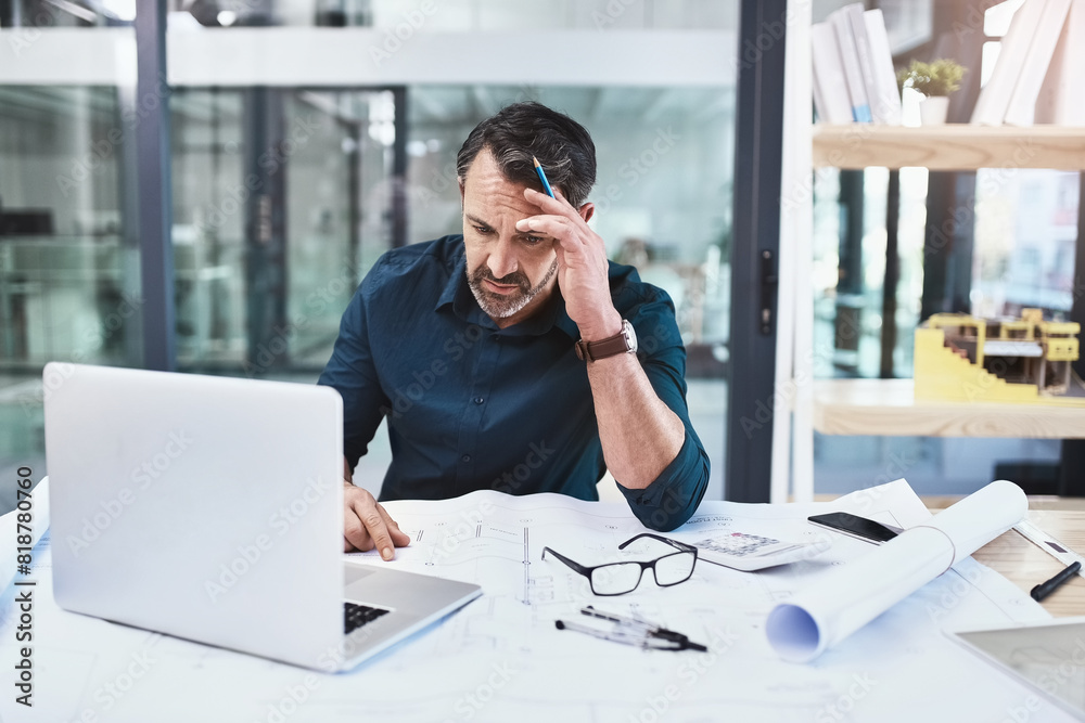 Poster mature man, architect and headache for design problem in building planning with laptop and blueprint