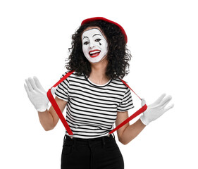 Funny mime with beret posing on white background