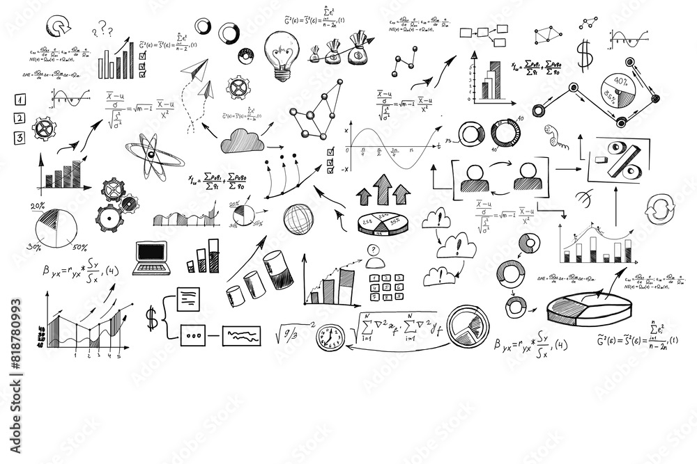 Poster hand-drawn doodles of business and analysis concepts on a white background, depicting graphs, charts