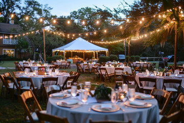 A large outdoor party with tables and chairs set up for guests. The tables are covered with white tablecloths and the chairs are arranged around them. There are many lit candles on the tables