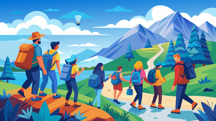 Group of Friends Enjoying Scenic Mountain Hike in Summer