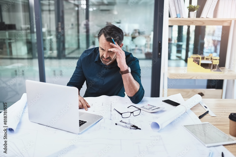Poster mature man, architect and headache for building planning design problem with laptop and blueprints i