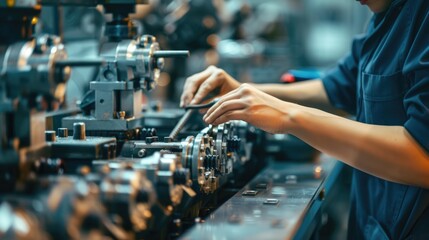 Close up of professional mechanic hand fixing and repairing machine while holding iron cog. Attractive technician learning and fixing gear at factory with blurring background. Maintenance. AIG42.