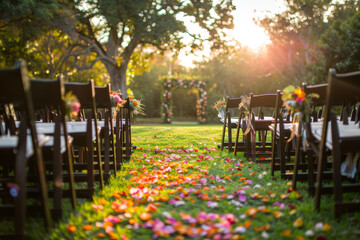 A wedding ceremony is taking place in a garden with a long aisle of chairs set up for the guests. The chairs are arranged in rows, and there are several chairs in the foreground and background