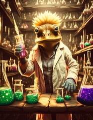 Image of an anthropomorphic frog, dressed as a scientist, engaged in experiments within a laboratory setting