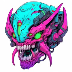 A vividly colored illustration featuring a monstrous head with cybernetic enhancements and intricate details