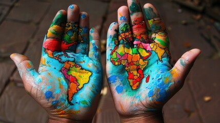 A colorful world map painted on both palms.