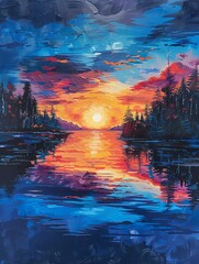 Tranquil nature scene with a captivating sunset over a serene lake, the water reflecting the vibrant hues of the sky